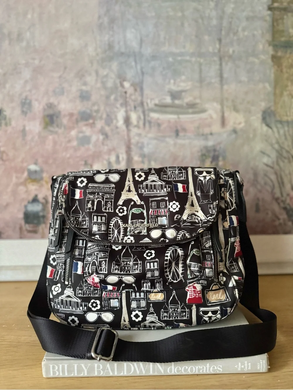 RARE Karl Lagerfeld Black Paris Print Crossbody Bag